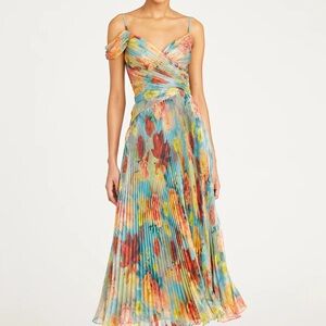 Theia Vibrant Floral Pleated Maxi Dress